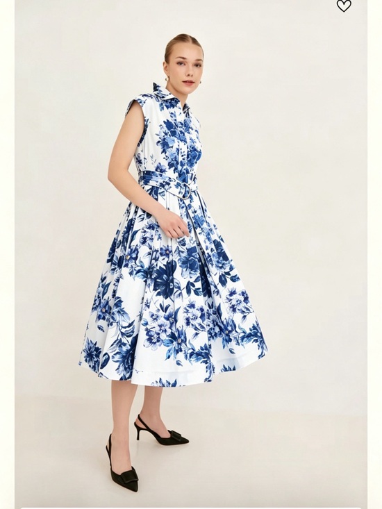 Cara Cara Dresses & Skirts - NWOT Cara Cara Blue Floral Belted Linen Midi Dress, Size US 2/4/6/8